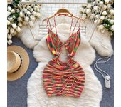 American Y2k Rainbow Sexy Vestido de una pieza Mujeres Elegante Halter Lace Up Beach Party Mini vestidos Damas Hollow Out Slim Fashion Strap Vestido de punto One Size color rosa/amarillo