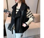 Chaleco de lana de cordero de moda para mujer, nueva versión coreana suelta de invierno 2024, chaqueta de chaleco de estilo extranjero integrada con piel de gamuza sintética, ropa M [recommended 85-52.5kg]