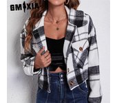 GMXIA Vintage Vintage Casual Plaid Print Otoño Invierno Manga Larga POLO Chaquetas y abrigos S blanco