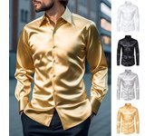 Camisa de satén similar a la seda para hombre, camisa de vestir informal ajustada de manga larga, camisas formales de negocios con botones de solapa de Color sólido elegante L gris claro
