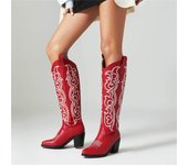 Botas largas de vaquero hasta la rodilla para mujer, zapatos de tacón alto con punta redonda, bordados, Gogo occidental, zapatos de moda para mujer, invierno 43 35 negro