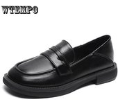 Zapatos de cuero pequeños británicos negros para mujer, mocasines de tacón grueso sin cordones, punta redonda, dos prendas, zapatos femeninos 35 negro