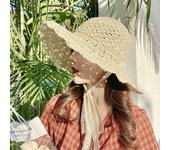 Sombrero de paja con lazo y correa de encaje, plegable, estilo literario, sombrero de pescador hecho a mano, sombrero para el sol de ala grande para mujer M（56-58cm） caqui