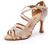 DILEECHI Zapatos de baile latino para mujer Zapatos de baile de salón Zapatos de fiesta de tango Satén de seda brillante Zapatos de baile de salsa con diamantes de imitación grandes y pequeños Tacón cubano 9 cm 36
