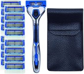 Maquinilla de afeitar Axia de la marca Kai, paquete económico de 17 hojas de repuesto delgadas con 5 hojas de regalo. Maquinilla de afeitar Kai en forma de T para hombre. azul