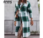 YYFS Chaquetas y abrigos de cuello polo de manga larga con estampado de cuadros informales a la moda para mujer para otoño e invierno S caqui