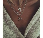 Collar de mapa de luna multicapa para mujer, collar geométrico de aleación multicapa circular, dije plata