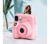 Estuche protector transparente para cámara Fujifilm Instax Mini SE, soporte para cámara con bolsa para guardar película, correa ajustable y pegatina. B