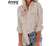 YYFS Blusas y camisas de cuello tipo polo de manga larga con estampado de rayas informales a la moda para mujer para primavera y otoño S negro