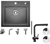 Fregadero de cocina de 1 cubeta 50×45CM acero inoxidable negro antracita, grifo mezclador de cocina extraíble con 2 funciones de chorro