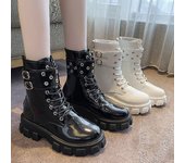 Botas de plataforma nuevas para mujer, de primavera y otoño, con punta redonda y tacón cuadrado, botas casuales para mujer, botines de moda con cordones delanteros para mujer 39 blanco