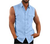 Camisa de hombre con doble bolsillo, algodón y lino, sin mangas, cómoda y transpirable, camiseta sin mangas para hombre L verde