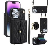 Funda de cuero tipo billetera con cordón cruzado para iPhone 15, 14 Plus, 13, 12, 11, XS Max, XR, X, SE 2022, 8, 7, funda con tapa y soporte para monedero iPhone 7/8/SE 2020 negro