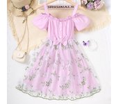 Vestido de princesa de verano para niños, ropa para niña, vestido bordado de encaje rosa, vestidos de malla con lazo y tirantes sin hombros 8Y magenta rosado