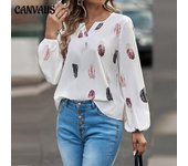 Ropa de mujer de primavera y otoño, camiseta holgada de manga larga con cuello en V, Tops con estampado de plumas, camisetas informales, camisas para mujer S blanco