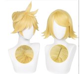 Peluca de cosplay de Anime Len de alta calidad, corta, rubia dorada, con coleta, pelo sintético resistente al calor + gorro. One Size