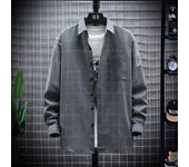 Camisa de manga larga a cuadros versátil y de moda para hombre, nueva camisa holgada, chaqueta informal, tops M negro