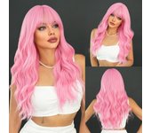 Peluca sintética larga y rizada de color rosa y rojo, con parte media de la peluca Lolita natural para mujer, para cosplay diario, resistente al calor, con ondas grandes. 26inches color rosa