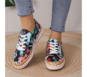 Zapatillas de deporte de moda para mujer, zapatos vulcanizados elegantes con estampado floral y cordones, zapatos planos para mujer, zapatos casuales de moda para mujer 36 negro