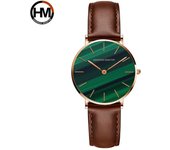 Reloj de cuarzo de lujo resistente al agua para mujer, relojes de pulsera de cuero con piedra de malaquita verde para mujer
