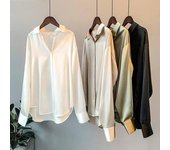 Camisa de seda clásica para mujer, blusa de satén abotonada informal a la moda para otoño, blusas blancas de manga larga para mujer de talla grande para oficina S bronceado