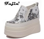 Fujin 13cm nueva plataforma sintética de malla de aire cuña de verano Slip on Flats zapatillas gruesas Casual Bling cuero cómodos zapatos de alta marca 34 azul