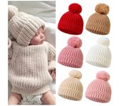 Gorro de punto para bebé recién nacido de 0 a 1 años, color liso, para ocio, para niño y niña, gorro cálido de otoño e invierno, bonito diseño de bola de pelo grande, accesorios para niños 0-12 months