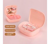 Estuche de retenedor de doble capa con herramienta para quitar espejos, práctica caja de almacenamiento para alineadores de dentaduras postizas color rosa