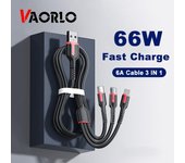 Cable de carga VAORLO 1,8 M 3 en 1 6A 66W carga rápida para Cable de resorte Micro IOS tipo C transmisión de datos de 480Mbps para Iphone Android 1.2M negro