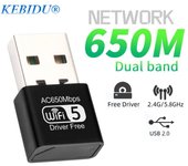 Adaptador WiFi inalámbrico de 650Mbps Mini USB 2.0 Dongle Wi-Fi Transmisor receptor Ethernet USB Tarjeta de red sin controlador de banda dual 2.4G y 5G para PC portátil 300Mbps