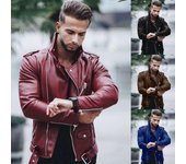 Chaqueta de cuero con solapa para hombre Abrigo de cuero de motocicleta con cremallera informal 2XL marrón