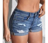 Pantalones cortos ajustados de cintura alta con lavado y rotos para mujer S azul