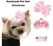 3 horquillas para el pelo para mascotas hechas a mano con perlas de imitación, corona con lazo y diamantes de imitación, pinza para el pelo de osito de peluche, pinza para el pelo de gato y perro de pelo largo, tocado de princesa, accesorio de cumpleaños