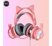 Auriculares para juegos con orejas de gato brillantes para PC, auriculares para juegos de computadora con micrófono, cancelación de ruido, cable USB de 3,5 mm para PS4/Xbox One color rosa