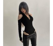 Ropa de mujer de estilo europeo y americano para primavera y otoño, diseño de nicho, top con hombros descubiertos, mono sexy ajustado con espalda descubierta S negro