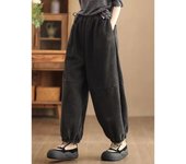 Pantalones casuales engrosados, pantalones de polar con empalme literario para mujer, pantalones deportivos gruesos y encerados suaves, pantalones térmicos M negro