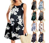 Vestidos de verano para mujer, estilo bohemio, sin mangas, estampados, holgados, con bolsillos, tipo camiseta, vestidos de verano L negro