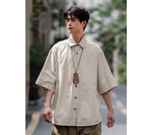 Camisa de manga corta estilo retro de Hong Kong para hombre, ropa de trabajo holgada japonesa de verano, chaqueta informal con mangas cinco cuartos M caqui