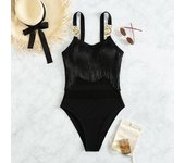 Traje de baño de una pieza con estampado de borlas y tirantes finos para mujer, monokini sexy sin mangas con espalda descubierta y diseño de malla S rojo vino