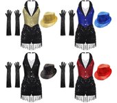 Mono de mujer con lentejuelas brillantes, cuello halter, espalda descubierta, flecos y borlas, con guantes y sombrero para presentaciones de jazz y baile latino. M rojo