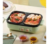 Enchufe europeo - Horno eléctrico multifuncional 2 en 1 y olla caliente, olla eléctrica pequeña para el hogar, mini caldera, accesorios para barbacoa de cocina, olla caliente verde