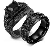 Anillos de pareja con encanto, románticos anillos de diamantes de imitación negros para mujer, conjunto de dos filas de anillos de acero inoxidable con piedra CZ negra para hombre, joyería de boda 5