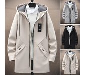 Gabardina con capucha para hombre, chaqueta de manga larga con cordón y bolsillos, de longitud media, con tapeta con cremallera de color liso, cortavientos M negro