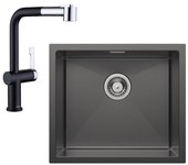 Fregadero de cocina de un seno encastrable 50×44CM acero inoxidable negro antracita, grifo mezclador de cocina extraíble con 2 funciones de chorro