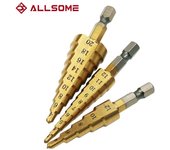 Allsome Broca escalonada de 3-12 mm, 4-12 mm, 4-20 mm, HSS, ranura recta, recubierta de titanio, cortador de agujeros para madera y metal, juego de herramientas eléctricas de perforación oro
