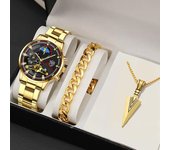 Relojes de calendario de moda para hombre, reloj con correa de acero inoxidable para hombre, reloj de pulsera de cuarzo para hombre de negocios, conjunto de collar y pulsera oro