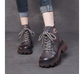 Johnature botas Retro hechas a mano para mujer con cordones y tacones gruesos botas cortas de cuero genuino a la moda 35 negro