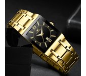 Reloj de negocios cuadrado para hombre, resistente al agua, calendario, de acero inoxidable, luminoso, de cuarzo, dorado oro
