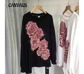 Sudadera de talla grande con taladro pesado para mujer, jersey de cuello redondo con rosa de otoño, Top de manga larga 4XL negro