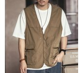 Chaleco de trabajo de verano estilo coreano para hombre: Chaqueta sin mangas multibolsillos de moda para pesca al aire libre L caqui